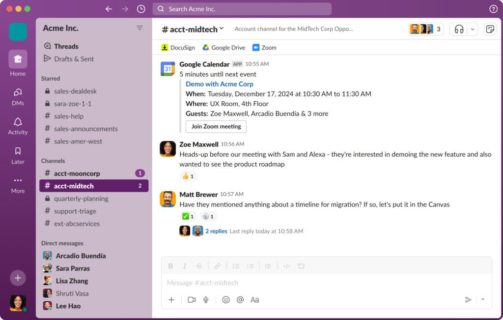 Slack communication interface for remote collaboration