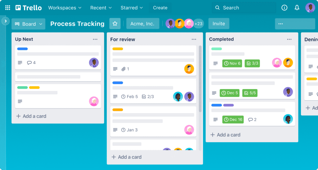 Trello visual board for remote team task management